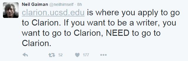 Neil Gaiman tweet Clarion endorsement