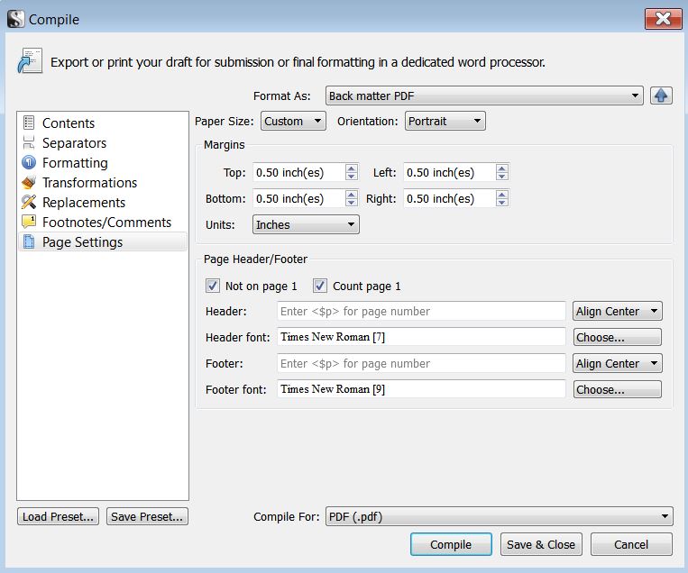 Scrivener back matter page settings