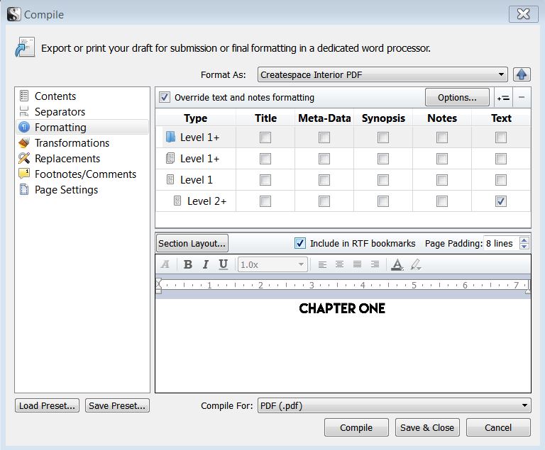 Scrivener chapter format