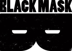black mask logo banner where a mask underneath the words is also a sideways B