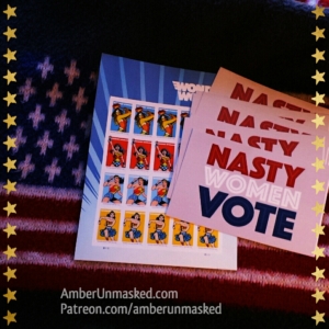 Nasty Women Vote postcards and Wonder Woman stamps