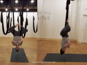 amber doing aerial yoga spiderman pose