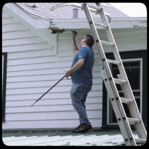 Dave scraping hornet nest off