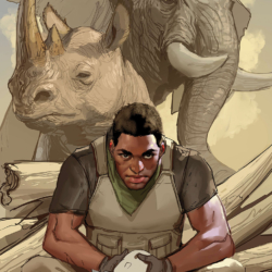 black man wearing body armor and holding a toy rhino sits in front of a rhino nd elephant