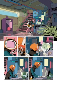 interior comic page with 6 panels, a robot working at a laptop