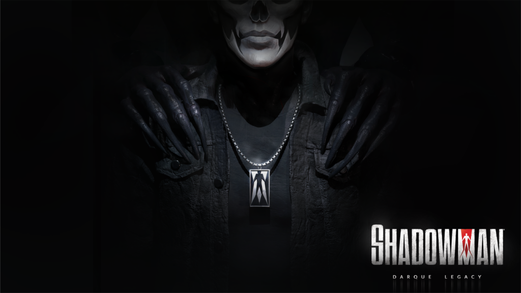 Shadowman promo banner; man in all black with long claws over his shoulders, a necklace, his face covered in white and black skull makeup