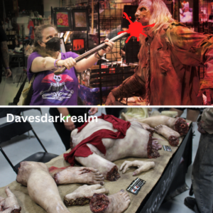 top: Amber whacking a zombie with an ax bottom: body parts from Dave's Dark Realm