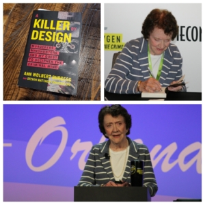 crime con collage: (top left) Killer Design book; (top right) Ann Burgess signing someone's book; (bottom) Ann Burgess at podium