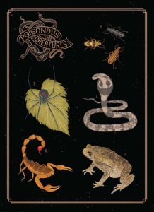poisonous creatures illustrations: bugs, black widow spider, cobra, scorpion, toad