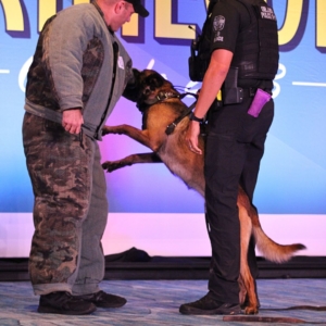 crime con collage of K9 demo: Jackson the dog attacking the officer in the padded suit with other uniformed officer holding the dog's harness