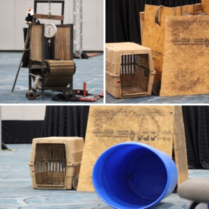 crime con collage of dog fighting scenario: (top left) a scale and treadmill made of wood, a stuffed rooster on a pole, a sled for weight training/pulling; (top right) a dirty crate, dirty plywood panels leaning against chairs as "shelter"; (bottom) crate, plywood, and a plastic barrel used as "shelter" for dogs