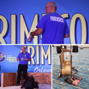 crime con dog fighting collage: (top) the back of Adam Stern showing "forensics" on his shirt; (bottom left) Adam Stern standing by dog models in the fighting pit; (bottom right) the wooden treadmill with scale next to a weight sled for training.