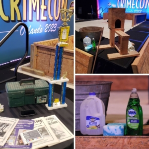 crime con dog fighting collage: (left) dog fighting magazines and a tall trophy; (right top) a "rape bench" to force breeding; (bottom right) wash basin and cleaning products typically used on the dogs before a fight.