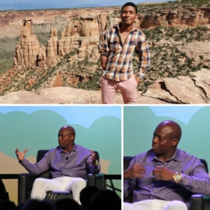 crime con collage: (top) photo of missing person Daniel Robinson at the Grand Canyon (bottom) Daniel's father David at the presentation