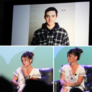 crime con collage: (top) Dylan Rounds shown on projection; (bottom left) Dylan's mother Candice crying; (bottom right) Dylan's mother Candice from Missing Persons panel