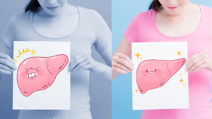 stock image woman holding hurt liver side by side with woman holding happy liver