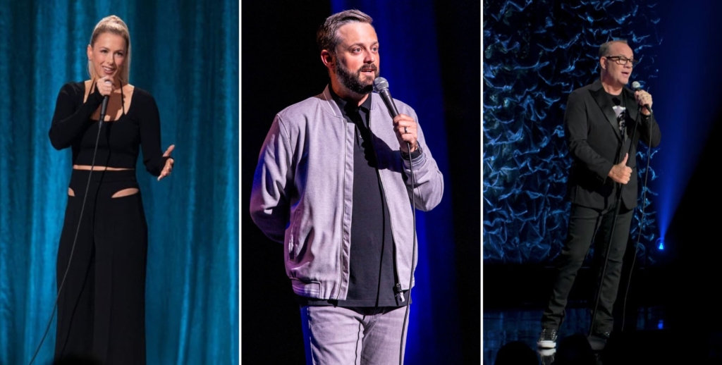 2 stand-up comedians on stages: Iliza Schlesinger; Nate Bargatze; Tom Papa