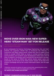 Kids First superhero STEAM Man; black superhero in purple and green costume; bio information