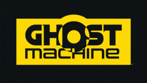ghost machine banner logo black background, yellow focus rectangle, black text