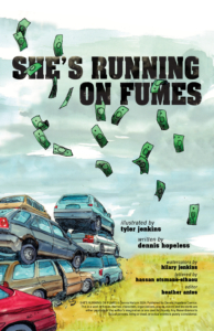 Comixology Originals She's Running on Fumes issue 1 title page/indicia writer Dennis Hopeless artist Tyler Jenkins water colors by Hilary Jenkins lettering by Hassan Otsame-Elhau