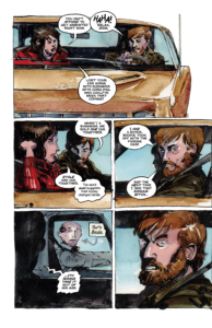 Comixology Originals She's Running on Fumes issue 1 interior page 4 writer Dennis Hopeless artist Tyler Jenkins water colors by Hilary Jenkins lettering by Hassan Otsame-Elhau