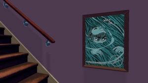 She Could Fly In-Game Image of artwork at the bottom of the stairs showing a person with a mask lifted entangled in wires or vines, "What Am I?"