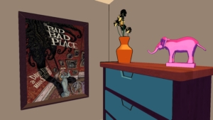 She Could Fly In-Game Image of a corner of the bedroom with a poster "The Bad Bad Place", dresser, vase of flowers, pink elephant statue.
