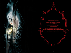interior page spread; panels on the left page, red text in an outline of a medallion on black background on the right; creepy man holding a candle opening a door carved with a bat decoration.