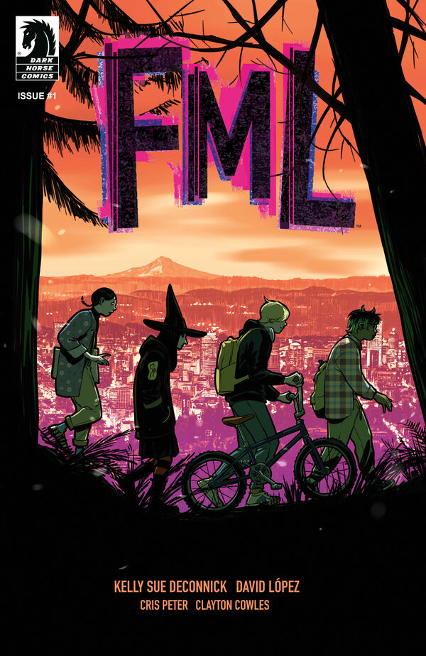 four teens walking in the foreground with a city below in the background; clearly a group of outcasts or wanna-be weirdos
