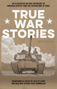 comic cover True War Stories, an illustration of a tank with a soldier sitting on the side of it; highlights in white; shadows inked on brown toned paper