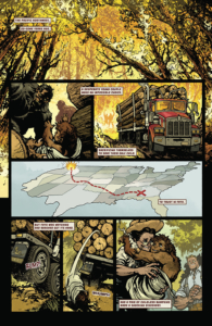 Moonshine Bigfoot interior page 1 Zach Howard and Steven Ellis (artists) Mike Marlow (writer) Nelson Daniel (color artist) Thompson Knox (letters) Image Comics