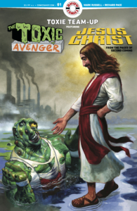 Toxic Avenger in polluted water as Jesus Christ stands on the water and reaches a hand down to help. comic cover for Toxie Team-Up