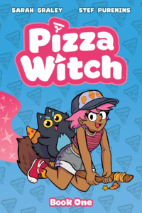 brown-skinned girl with short pink hair wearing a cap, shorts, tank top, and sneakers with a black cat holding a pizza slice and riding a broom together