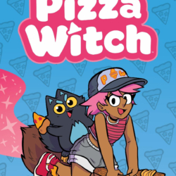brown-skinned girl with short pink hair wearing a cap, shorts, tank top, and sneakers with a black cat holding a pizza slice and riding a broom together