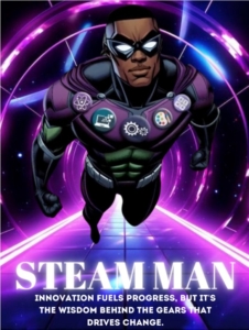Kids First superhero STEAM Man; black superhero in purple and green costume