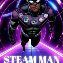 Kids First superhero STEAM Man; black superhero in purple and green costume