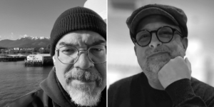 black and white photos left: Greg Rucka right: Michael Lark