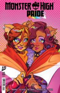 2 animalistic Monster High girls wrapped in a lesbian/trans pride flag