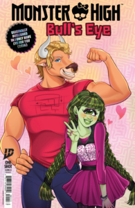 muscular minotaur boy posing with a green cyclops girl