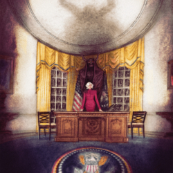 The Excorcism at 1600 Penn cover A a female president stands behind the Resolute desk in the Oval Office. Behind her is a tall demon casting an even taller shadow