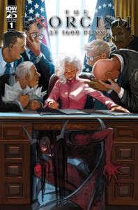 The Excorcism at 1600 Penn retailer incentive cover A female president sits at the desk in the Oval Office surrounded by men who think she's too distracted to be president. Among them is one black man who is supposed to be her son and one of the white men is supposed to be the priest from the story. Under the desk is a scary red and black demon.