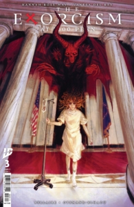 The Excorcism at 1600 Penn a cover of issue 3 showing first daughter Mara walking with an IV drip through the White House with a huge red demon above her