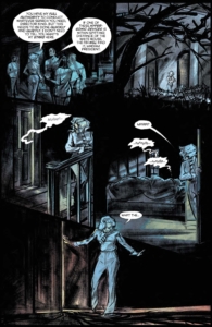 The Excorcism at 1600 Penn interior page of issue 3, very dark, hues of blue with a little blush of red