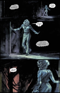 The Excorcism at 1600 Penn interior page of issue 3 focused on president Kelly Doyle, very dark, hues of blue and violet