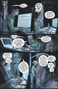 The Excorcism at 1600 Penn interior page of issue 3, hues of blue, aqua and violet as light comes from a computer screen