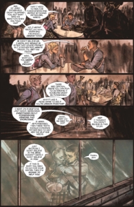 The Excorcism at 1600 Penn interior page of issue 3 showing a "normal" scene of the teens at school with brighter illumination on subjects in hues of warmer colors, dark shadows for corners and areas not important to the scene