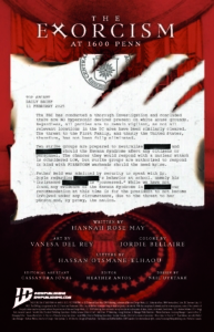 The Excorcism at 1600 Penn inside cover of issue 4 with daily briefing, credits of creators, copyright