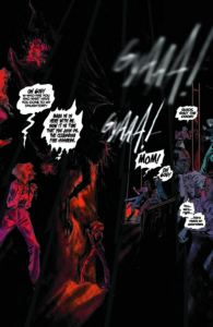 The Excorcism at 1600 Penn interior page of issue 3 showing a dark and dramatic scene overlaid in red when Kelly Doyle confronts the demon possessing her daughter Mara