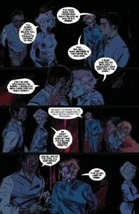 The Excorcism at 1600 Penn interior page of issue 4 showing a dark and dramatic scene of parents the parents (white woman Kelly Doyle and black man Eric Doyle) with priest, son (black teen) & his girlfriend making decisions about the exorcism.