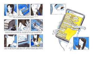 Love Languages by James Albon interior pages of a woman bored at work but happy to get texts